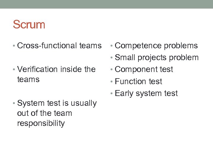 Scrum • Cross-functional teams • Competence problems • Small projects problem • Verification inside