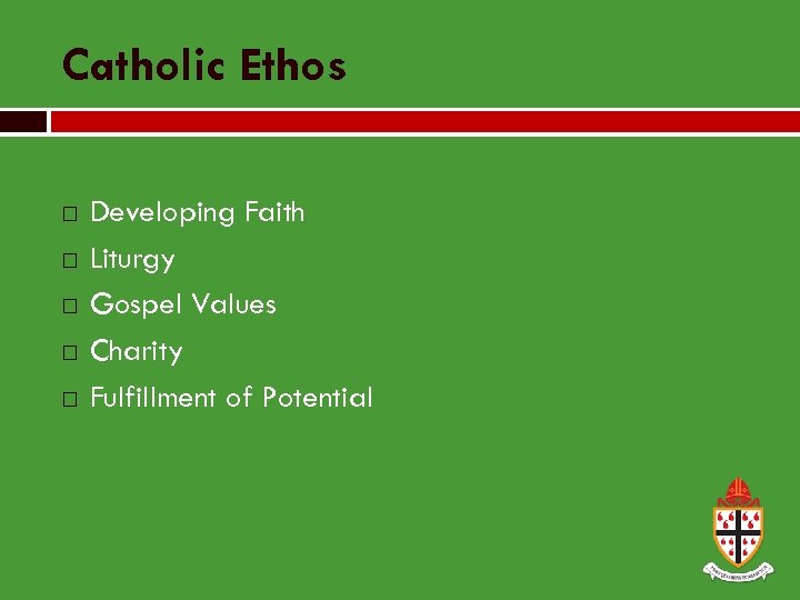 Catholic Ethos Developing Faith Liturgy Gospel Values Charity Fulfillment of Potential 