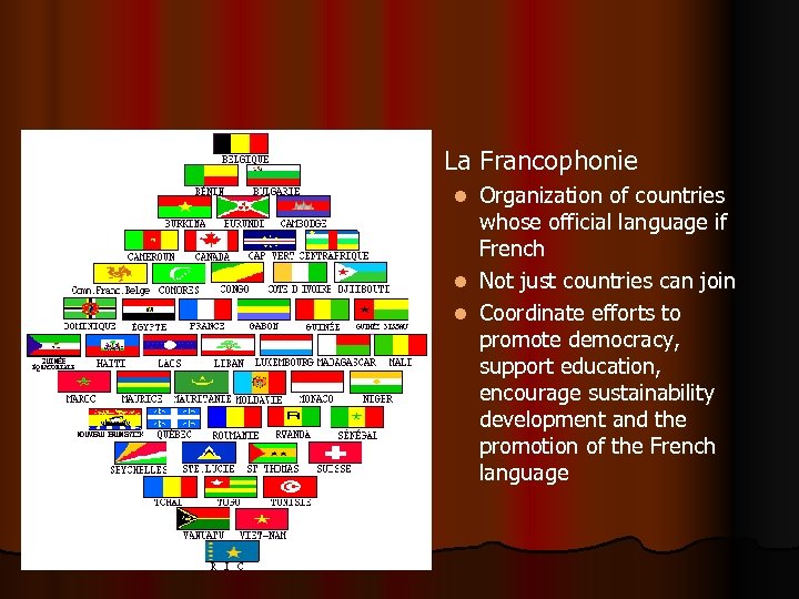 l La Francophonie Organization of countries whose official language if French l Not just
