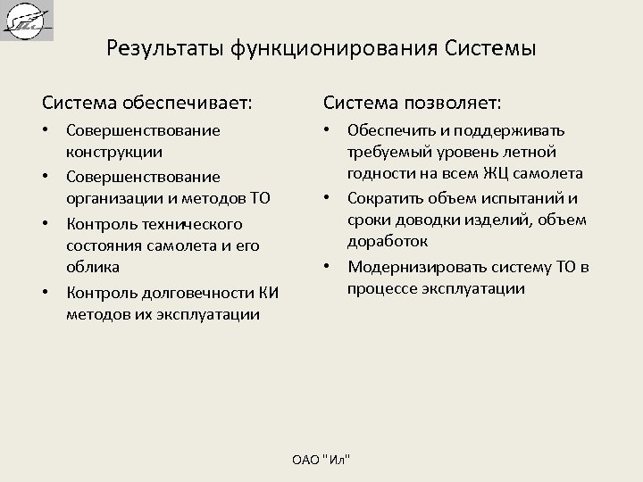 Результаты функционирования Системы Система обеспечивает: Система позволяет: • Совершенствование конструкции • Совершенствование организации и