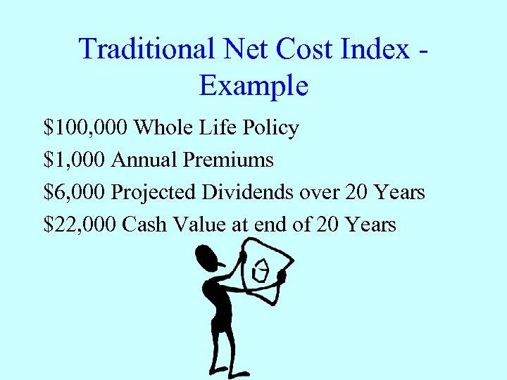 Traditional Net Cost Index Example $100, 000 Whole Life Policy $1, 000 Annual Premiums