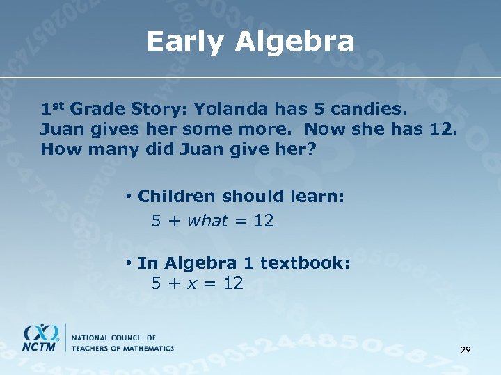 Early Algebra 1 st Grade Story: Yolanda has 5 candies. Juan gives her some