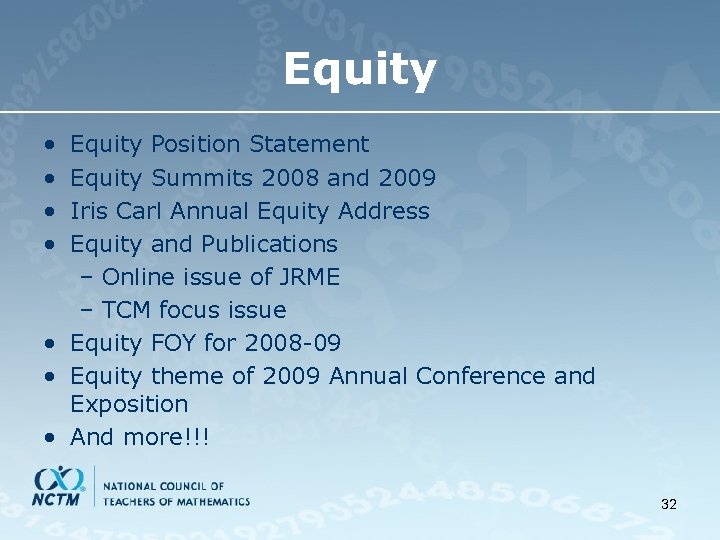 Equity • • Equity Position Statement Equity Summits 2008 and 2009 Iris Carl Annual