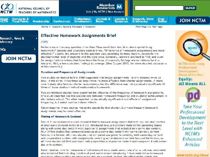 NCTM Research Clips and Briefs Homework Briefs provide the research in more detail… 