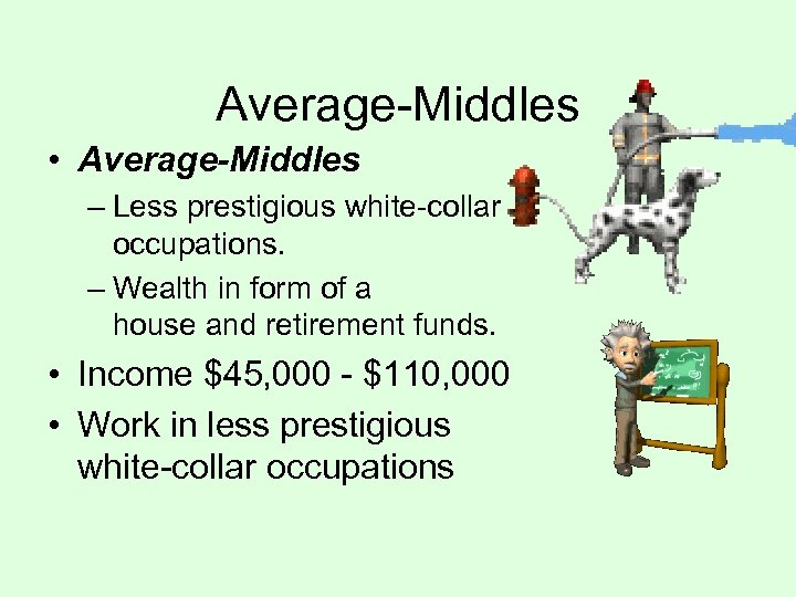 Average-Middles • Average-Middles – Less prestigious white-collar occupations. – Wealth in form of a