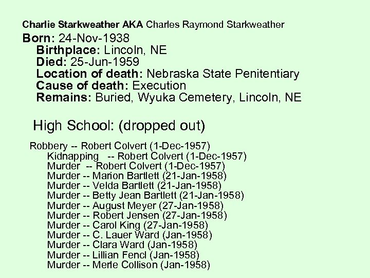 Charlie Starkweather AKA Charles Raymond Starkweather Born: 24 -Nov-1938 Birthplace: Lincoln, NE Died: 25