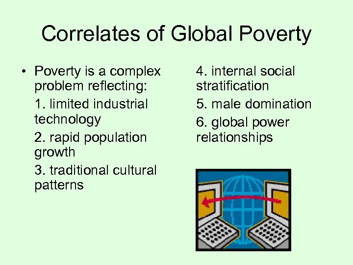 Correlates of Global Poverty • Poverty is a complex problem reflecting: 1. limited industrial