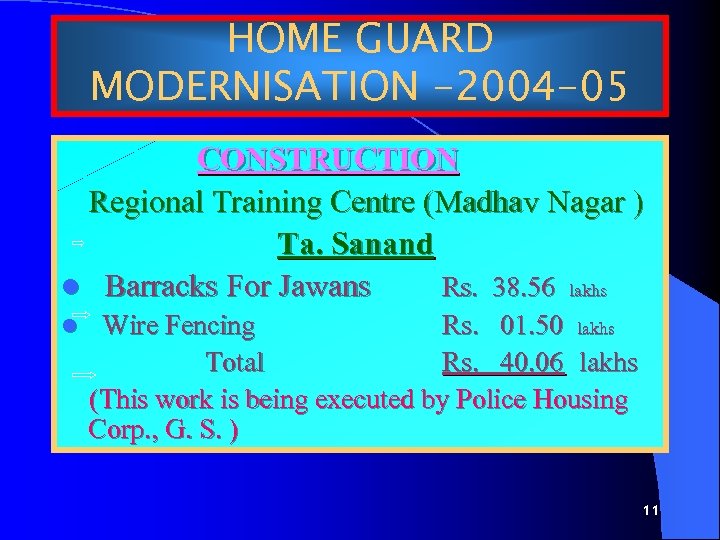 HOME GUARD MODERNISATION -2004 -05 CONSTRUCTION Regional Training Centre (Madhav Nagar ) Ta. Sanand