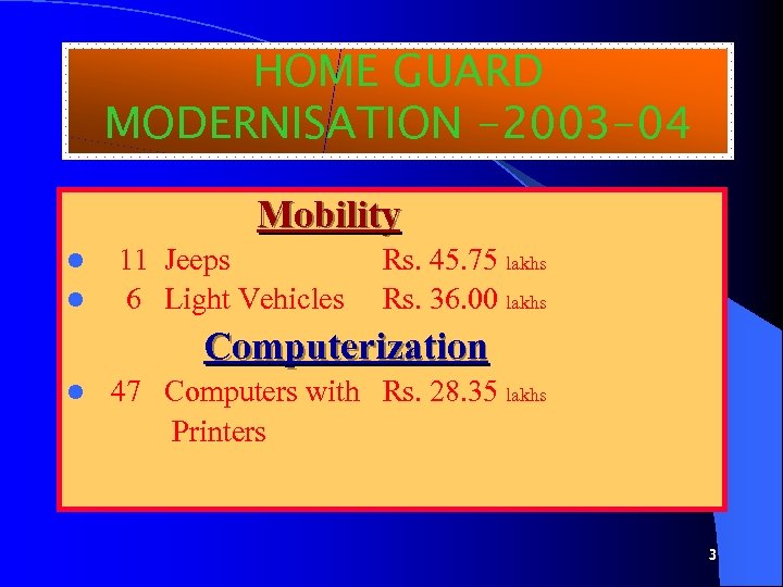 HOME GUARD MODERNISATION -2003 -04 Mobility l l 11 Jeeps 6 Light Vehicles Rs.