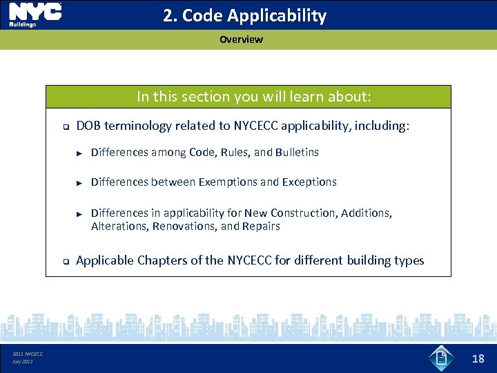 2. Code Applicability Overview In this section you will learn about: q DOB terminology