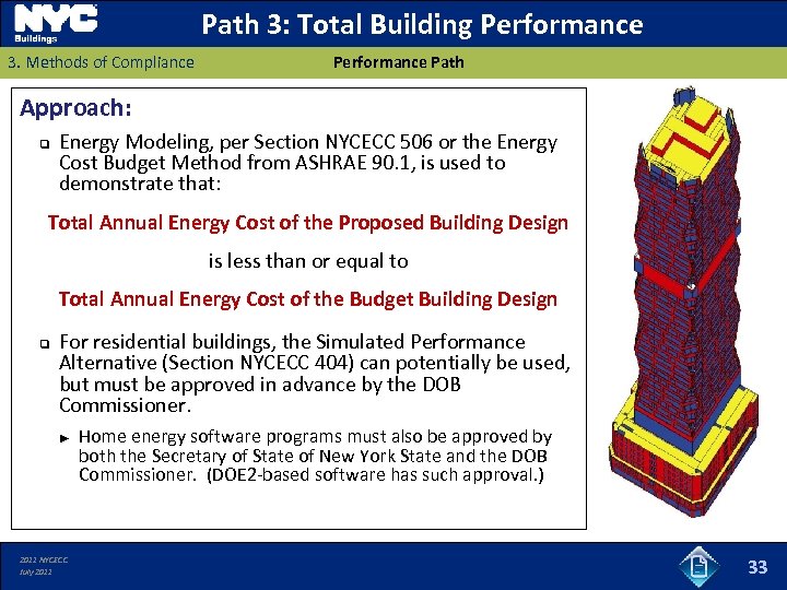 Path 3: Total Building Performance 3. Methods of Compliance Performance Path Approach: q Energy