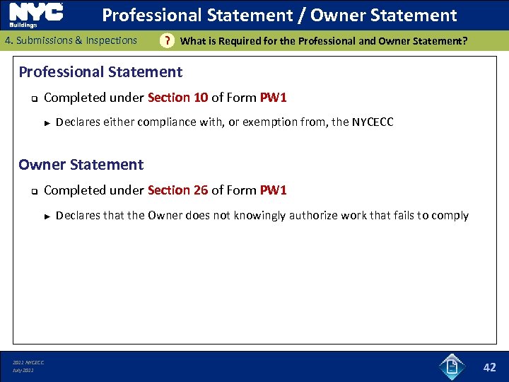 Professional Statement / Owner Statement 4. Submissions & Inspections ? What is Required for