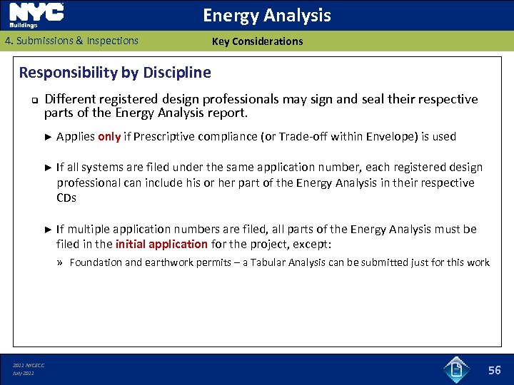 Energy Analysis 4. Submissions & Inspections Key Considerations Responsibility by Discipline Different registered design