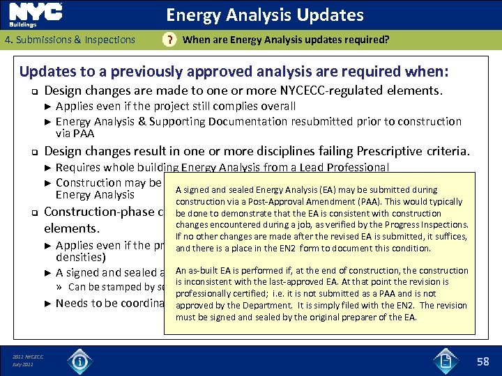 Energy Analysis Updates 4. Submissions & Inspections ? When are Energy Analysis updates required?