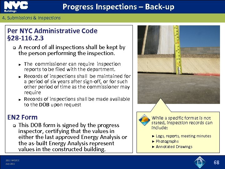 Progress Inspections – Back-up 4. Submissions & Inspections Per NYC Administrative Code § 28
