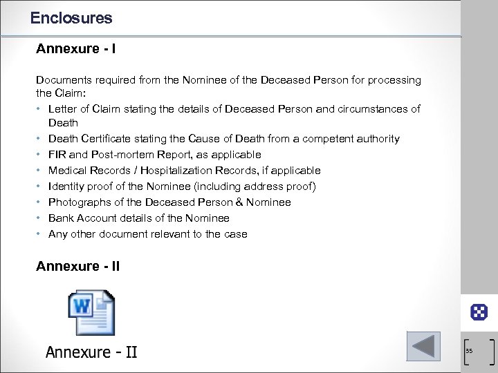 Enclosures Annexure - I Documents required from the Nominee of the Deceased Person for