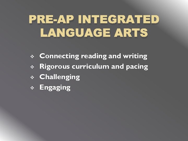 PRE-AP INTEGRATED LANGUAGE ARTS v v Connecting reading and writing Rigorous curriculum and pacing