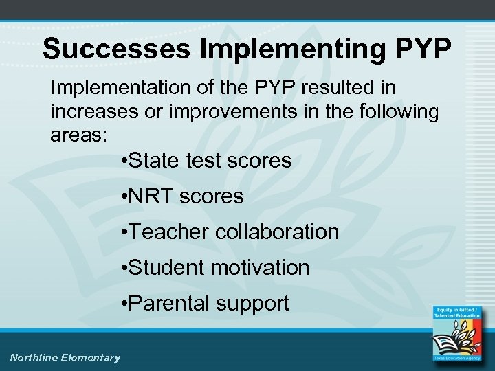 Successes Implementing PYP Implementation of the PYP resulted in increases or improvements in the