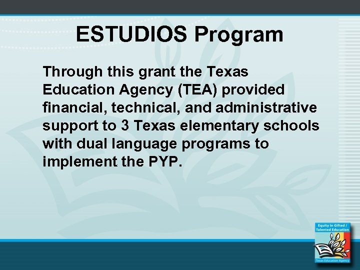 ESTUDIOS Program Through this grant the Texas Education Agency (TEA) provided financial, technical, and