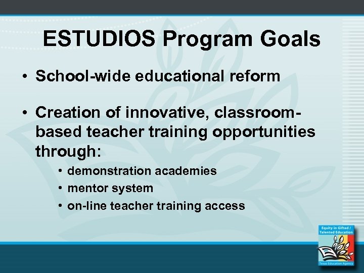 ESTUDIOS Program Goals • School-wide educational reform • Creation of innovative, classroombased teacher training