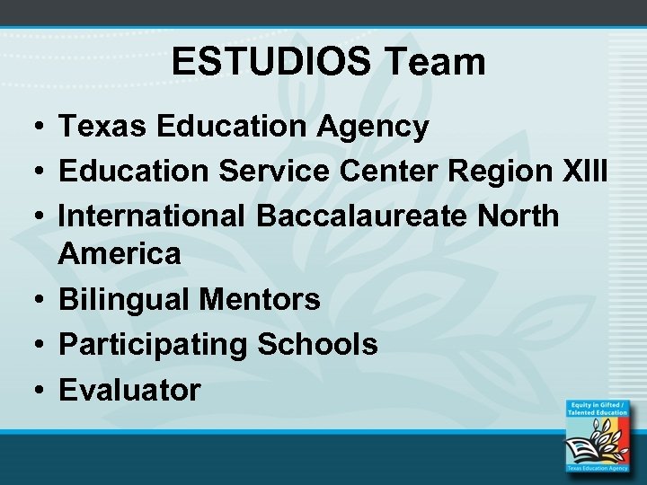 ESTUDIOS Team • Texas Education Agency • Education Service Center Region XIII • International