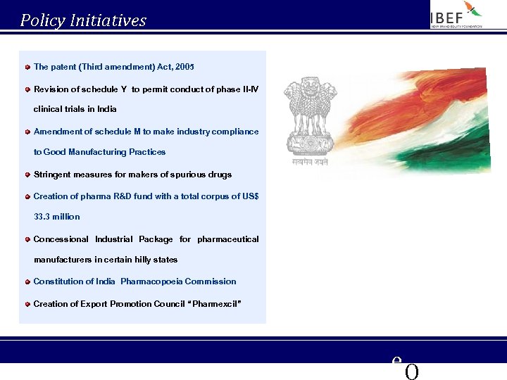 Policy Initiatives The patent (Third amendment) Act, 2005 Revision of schedule Y to permit