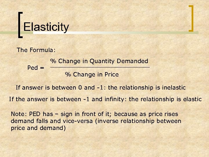 Elasticity The Formula: Ped = % Change in Quantity Demanded ______________ % Change in