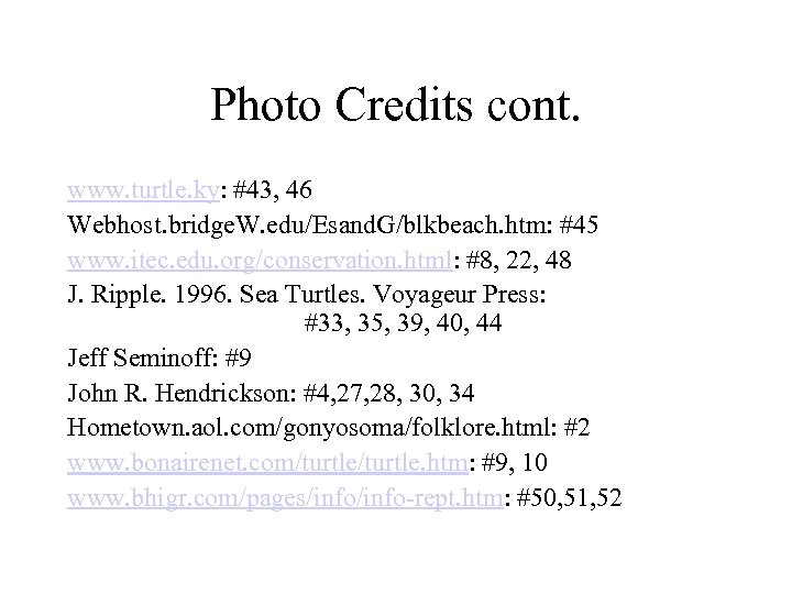 Photo Credits cont. www. turtle. ky: #43, 46 Webhost. bridge. W. edu/Esand. G/blkbeach. htm: