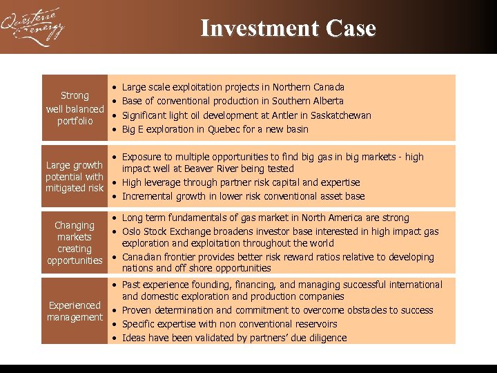 Investment Case • Large scale exploitation projects in Northern Canada Strong • Base of