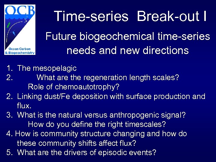 Time-series Break-out I Future biogeochemical time-series needs and new directions 1. The mesopelagic 2.