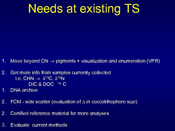 Needs at existing TS 1. Move beyond Chl pigments + visualization and enumeration (VPR)