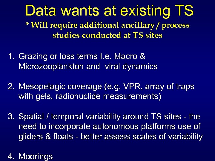 Data wants at existing TS * Will require additional ancillary / process studies conducted
