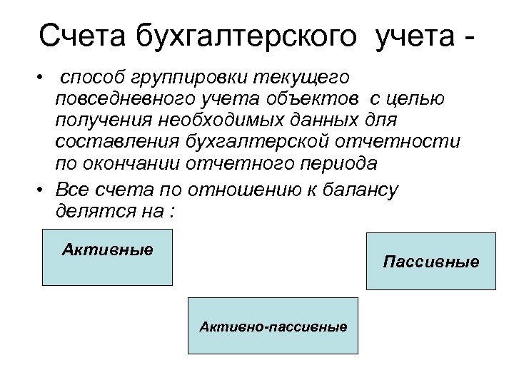 Счета бухгалтерского учета • способ группировки текущего повседневного учета объектов с целью получения необходимых