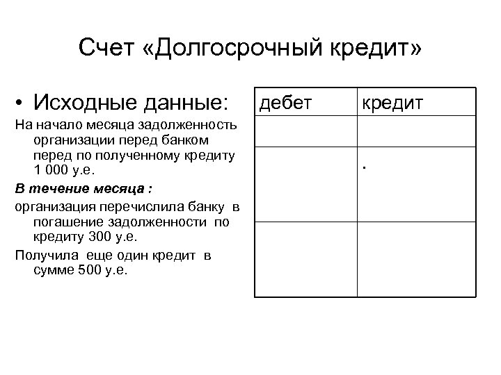 Счет «Долгосрочный кредит» • Исходные данные: На начало месяца задолженность организации перед банком перед