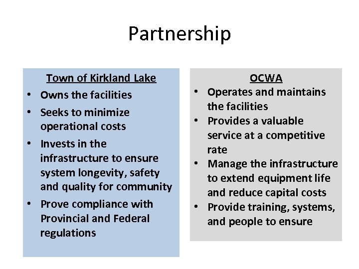 Partnership • • Town of Kirkland Lake Owns the facilities Seeks to minimize operational