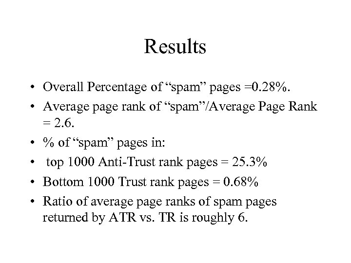 Results • Overall Percentage of “spam” pages =0. 28%. • Average page rank of