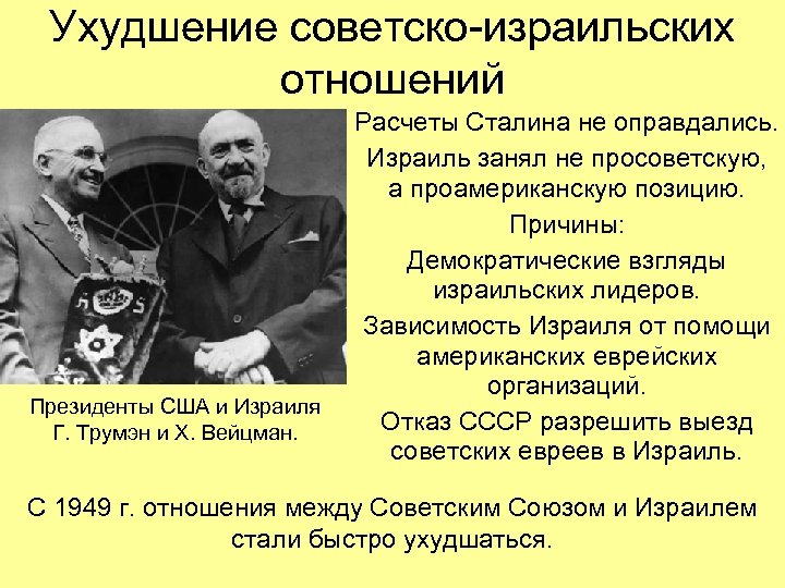 Ухудшение советско-израильских отношений Президенты США и Израиля Г. Трумэн и Х. Вейцман. Расчеты Сталина