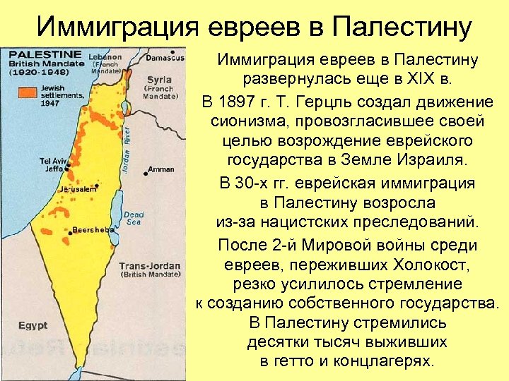 Иммиграция евреев в Палестину развернулась еще в XIX в. В 1897 г. Т. Герцль