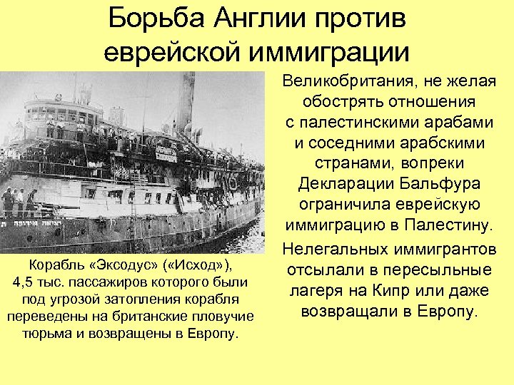Борьба Англии против еврейской иммиграции Корабль «Эксодус» ( «Исход» ), 4, 5 тыс. пассажиров