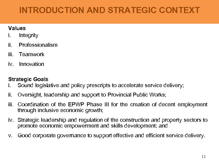 INTRODUCTION AND STRATEGIC CONTEXT Values i. Integrity ii. Professionalism iii. Teamwork iv. Innovation Strategic
