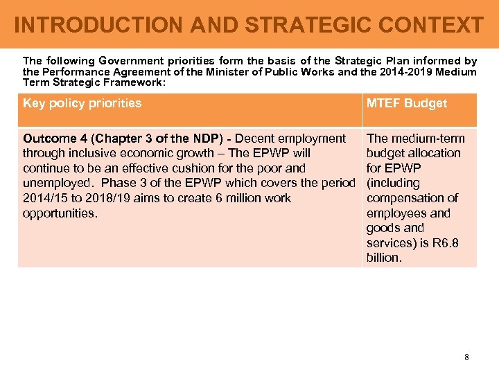 INTRODUCTION AND STRATEGIC CONTEXT The following Government priorities form the basis of the Strategic