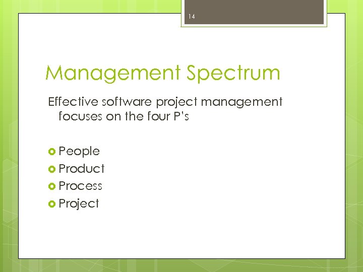 14 Management Spectrum Effective software project management focuses on the four P’s People Product