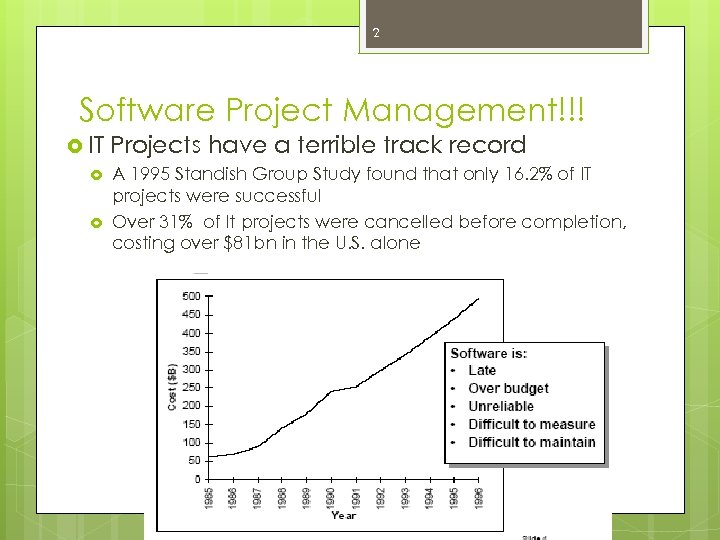 2 Software Project Management!!! IT Projects have a terrible track record A 1995 Standish