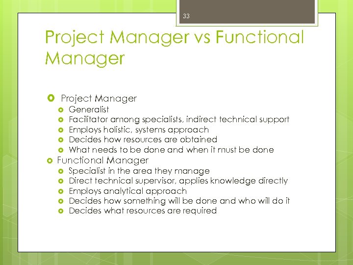 33 Project Manager vs Functional Manager Project Manager Generalist Facilitator among specialists, indirect technical