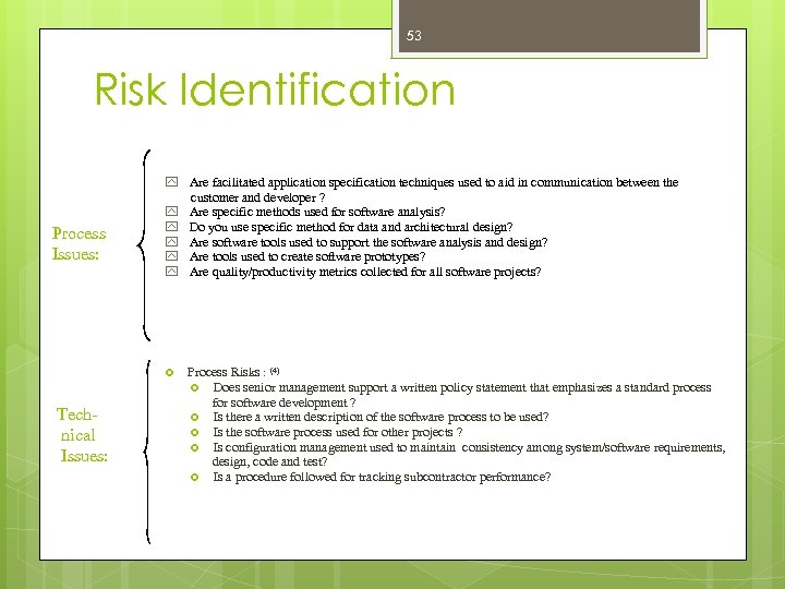 53 Risk Identification Process Issues: y Are facilitated application specification techniques used to aid