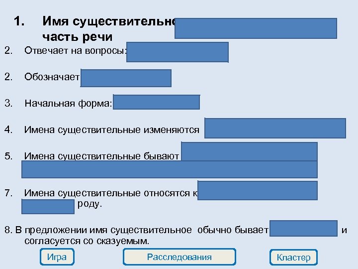 1. Имя существительное – самостоятельная часть речи 2. Отвечает на вопросы: Кто? Что? 2.