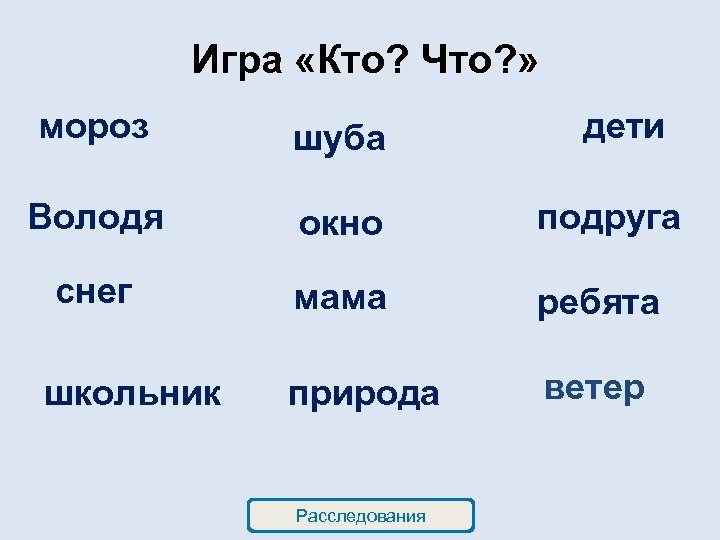 Игра «Кто? Что? » мороз шуба Володя окно подруга снег мама ребята природа ветер