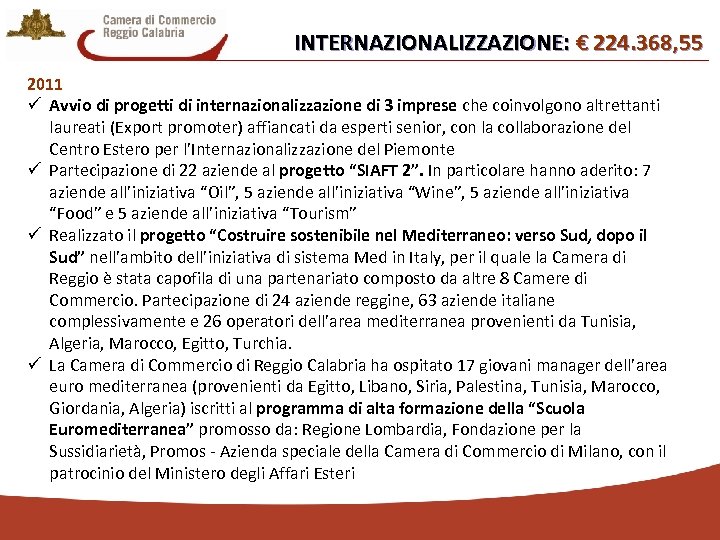 INTERNAZIONALIZZAZIONE: € 224. 368, 55 2011 ü Avvio di progetti di internazionalizzazione di 3