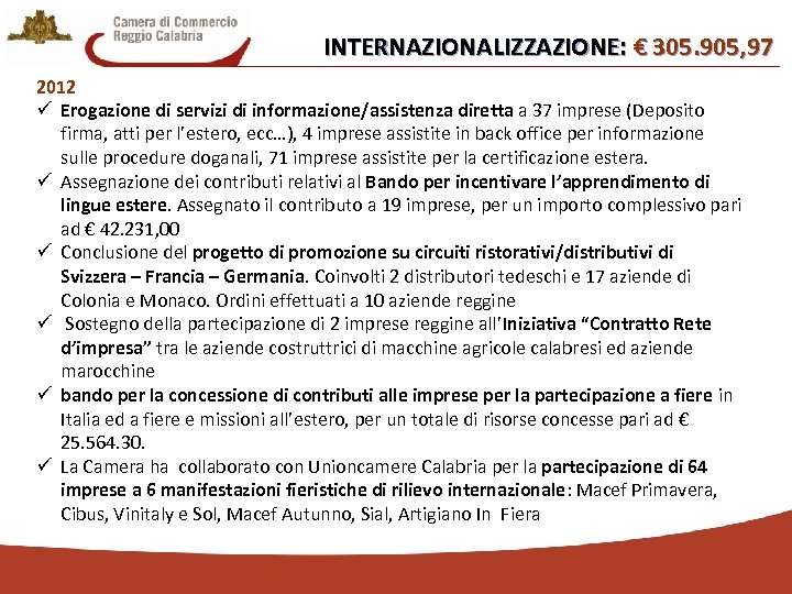 INTERNAZIONALIZZAZIONE: € 305. 905, 97 2012 ü Erogazione di servizi di informazione/assistenza diretta a