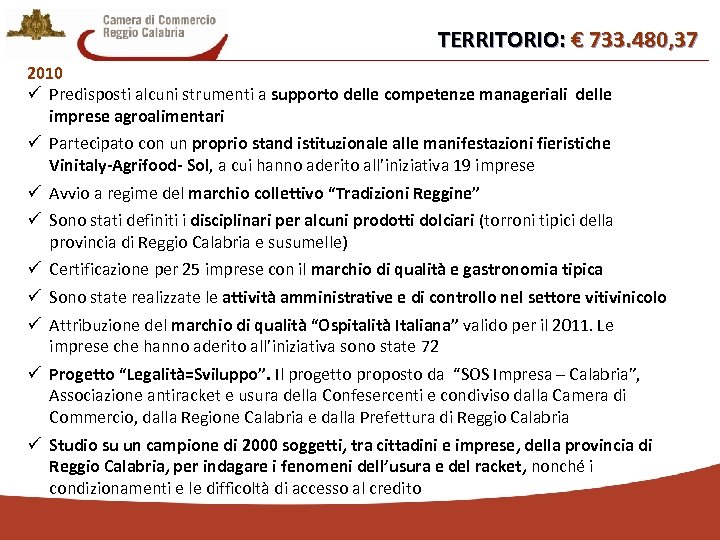 TERRITORIO: € 733. 480, 37 2010 ü Predisposti alcuni strumenti a supporto delle competenze